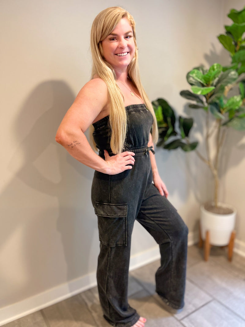 Black Washed Tube Top Jumpsuit