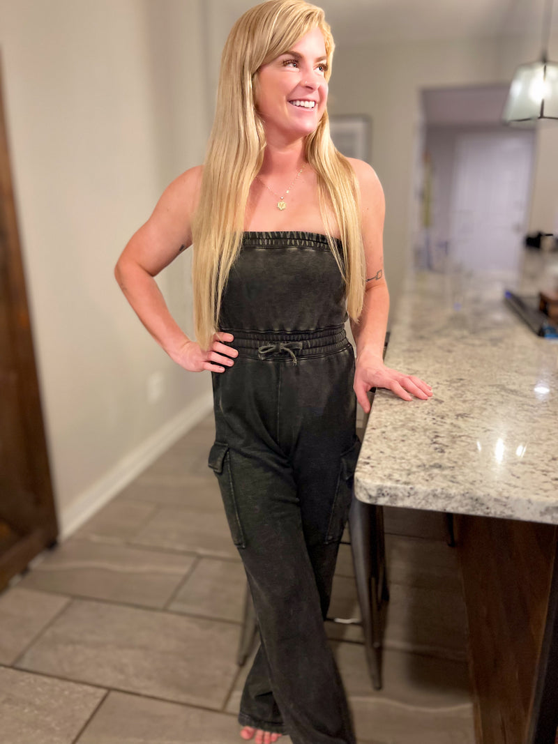 Black Washed Tube Top Jumpsuit