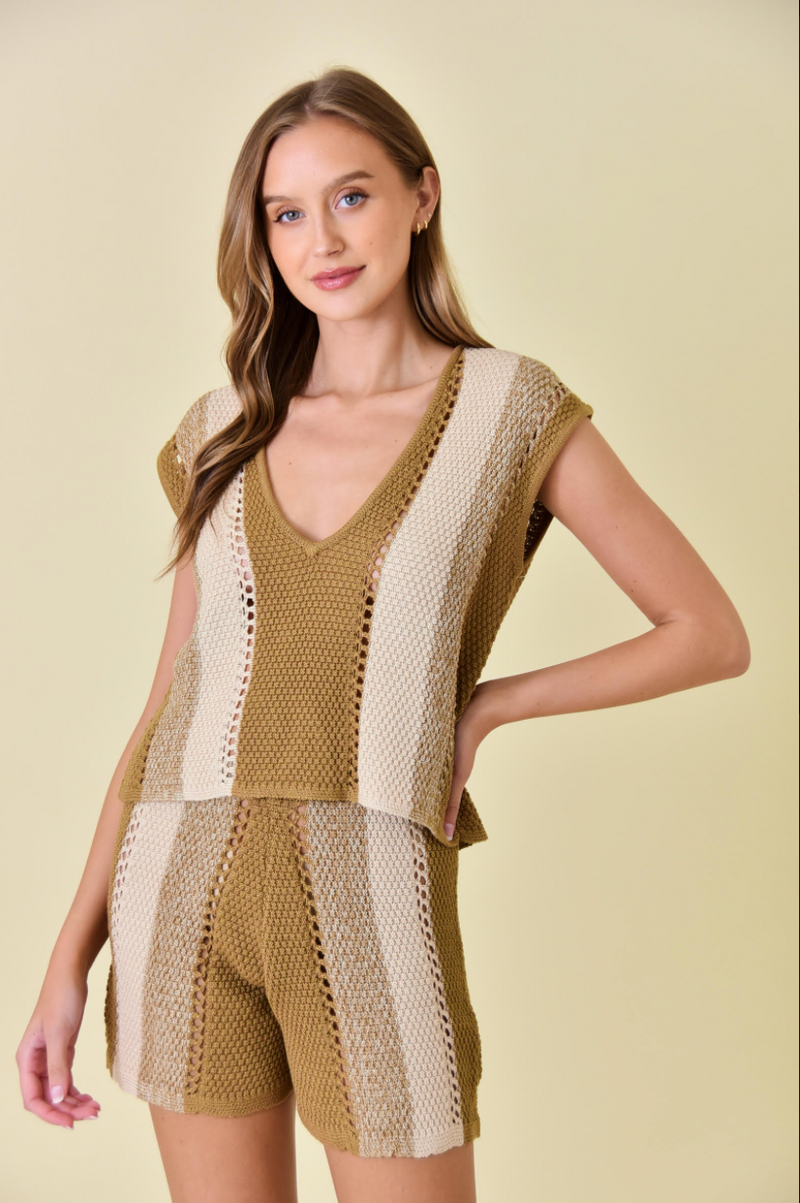 Sand Colorblock Crochet Knit Short Set